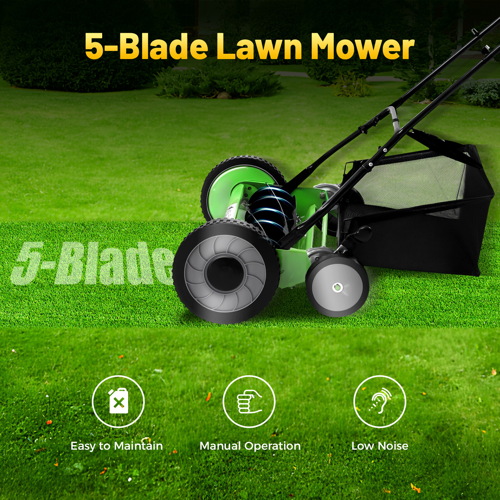 20″ Lawn Mower Grass Cutter Machine with Collection BoxPush Reel Mower 5-Blade