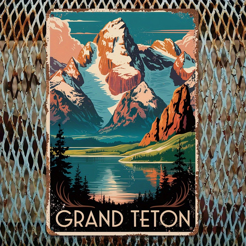 Grand Teton National Park Retro Metal Sign Mountain Landscape Travel Wall Decor