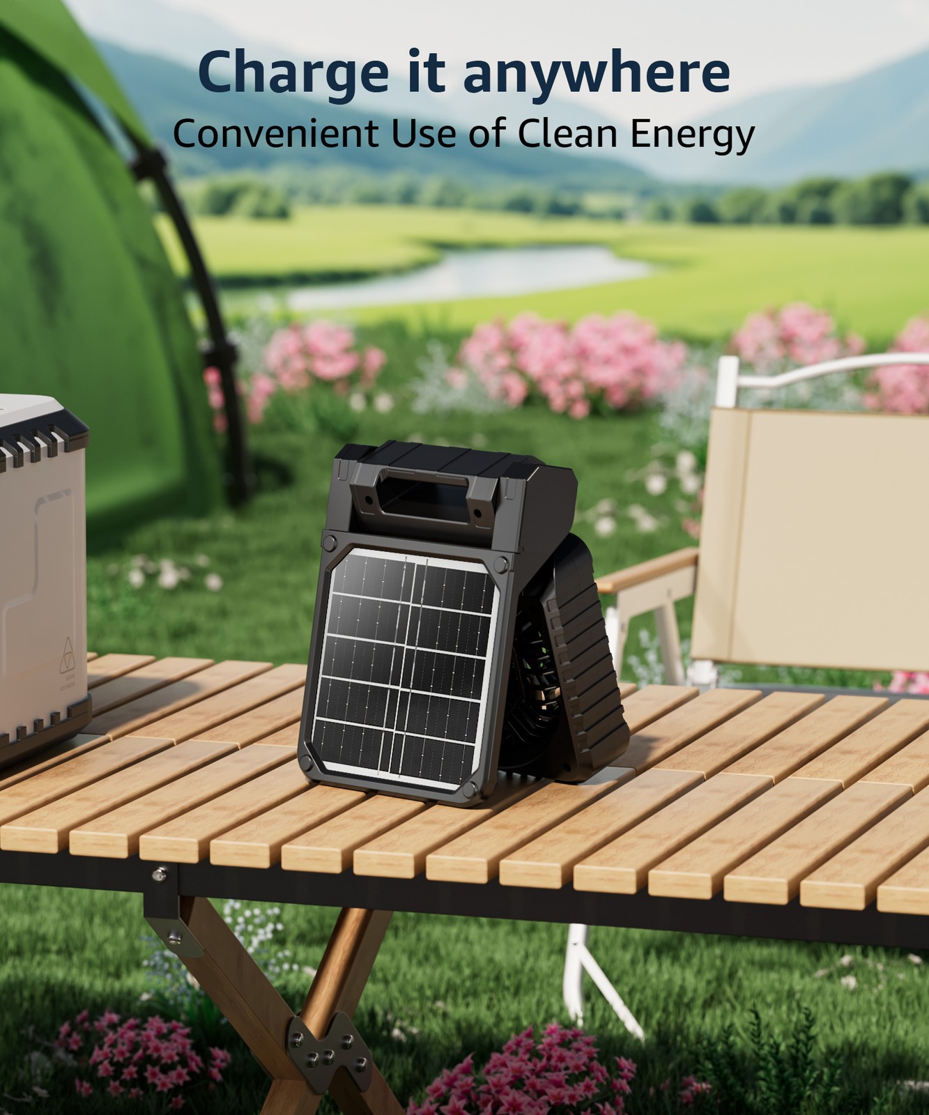 Solar Camping Fan Portable Powerful Quiet 4 Speed Levels with LED Light Timer