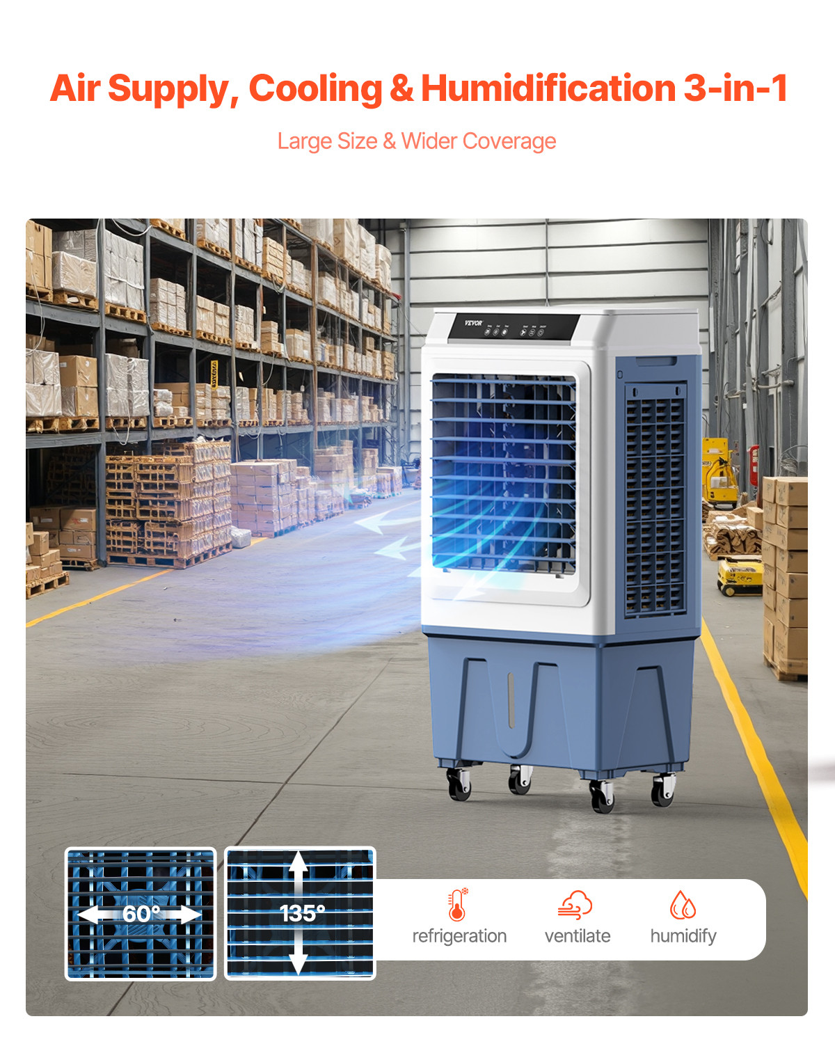 VEVOR Evaporative Air Cooler 3100 CFM with 9 Gallon Water Tank Portable Swamp