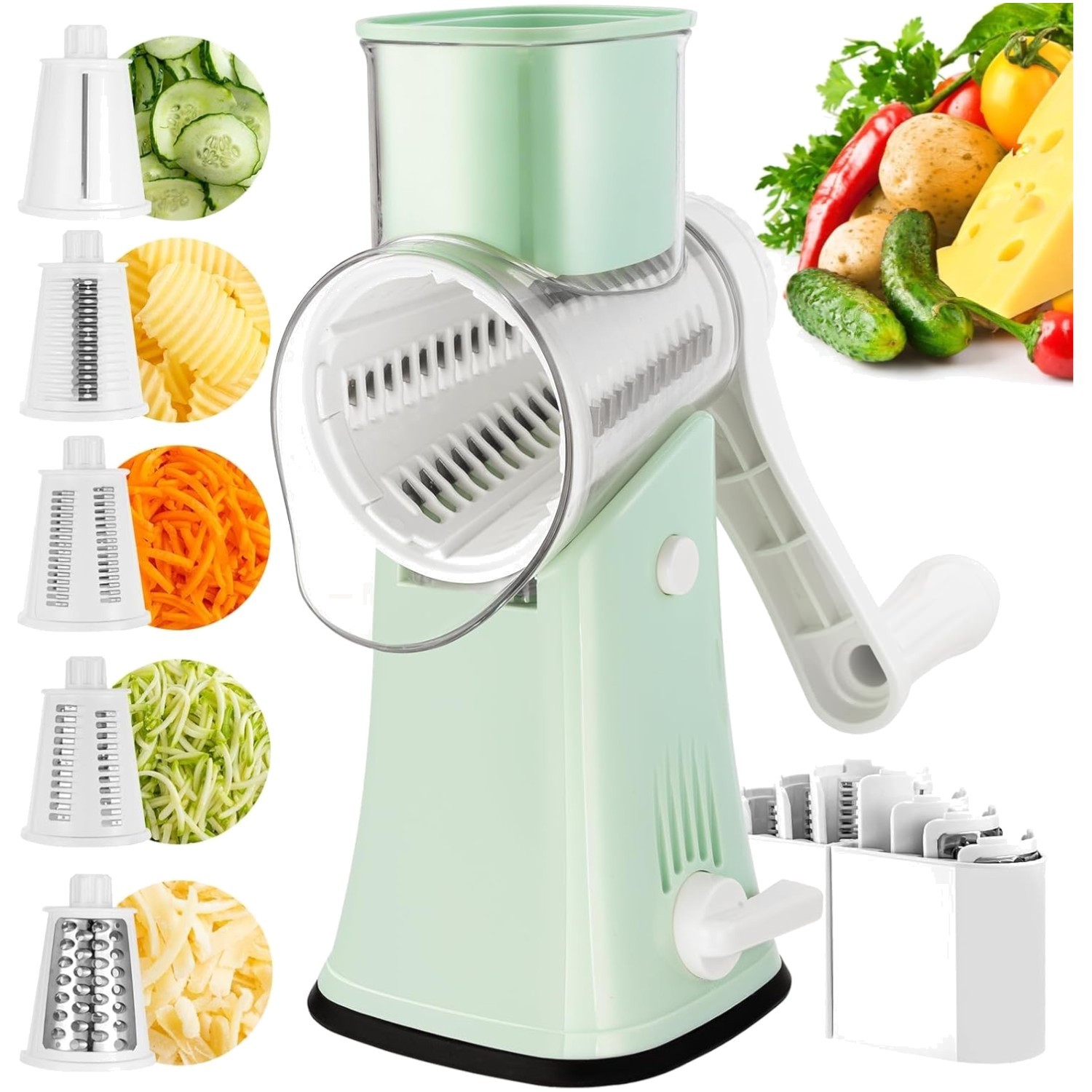 Easy-To-Clean 5-Blade Rotary Cheese Grater with Suction Base – Safe Kitchen Tool