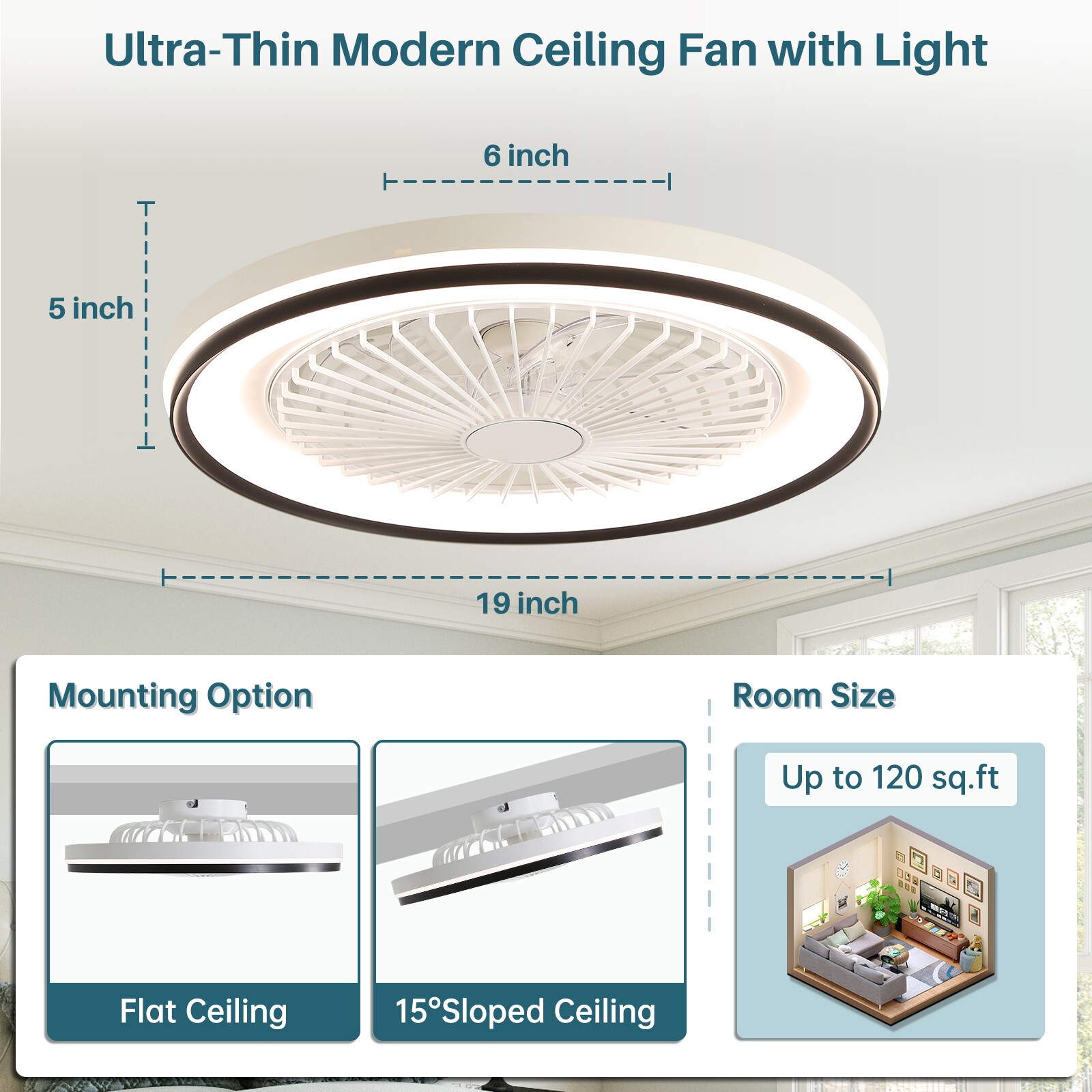 19in Flush Mount LED Ceiling Fan with RGB Light Remote & APP Control Fan Light