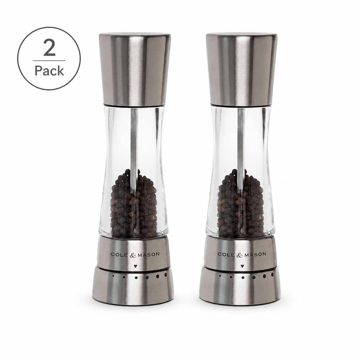 Set of 2 Cole & Mason Derwent Pepper Mill 7.5 Stainless Steel Grinder Adjustable