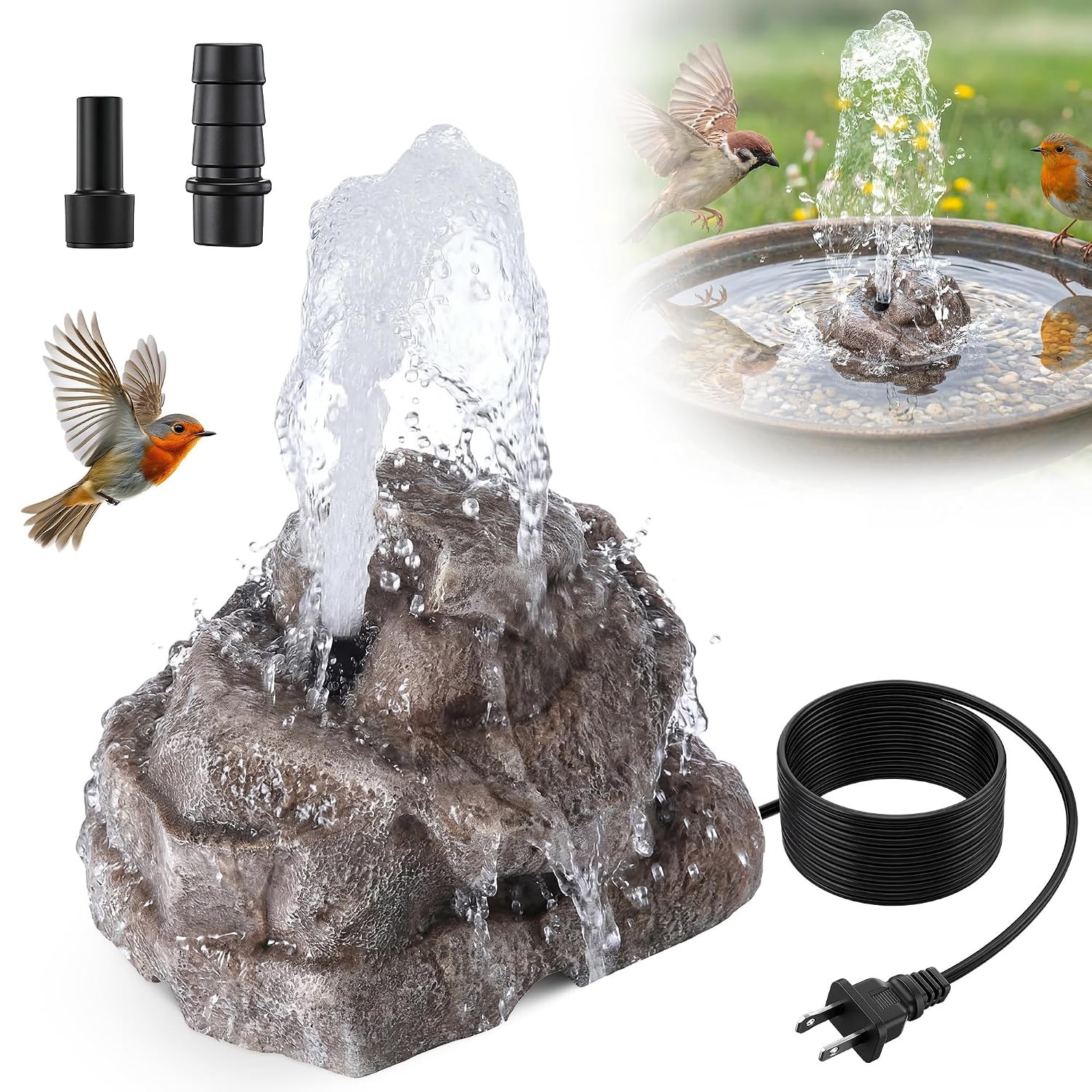 Electric Bird Bath Fountain 8W Pump Resin Granite Rock Outdoor Water Feature