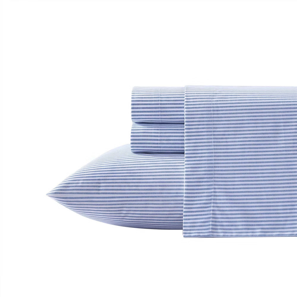 Twin XL Printed Pattern Percale Cotton Sheet Set Blue Stripe – Poppy