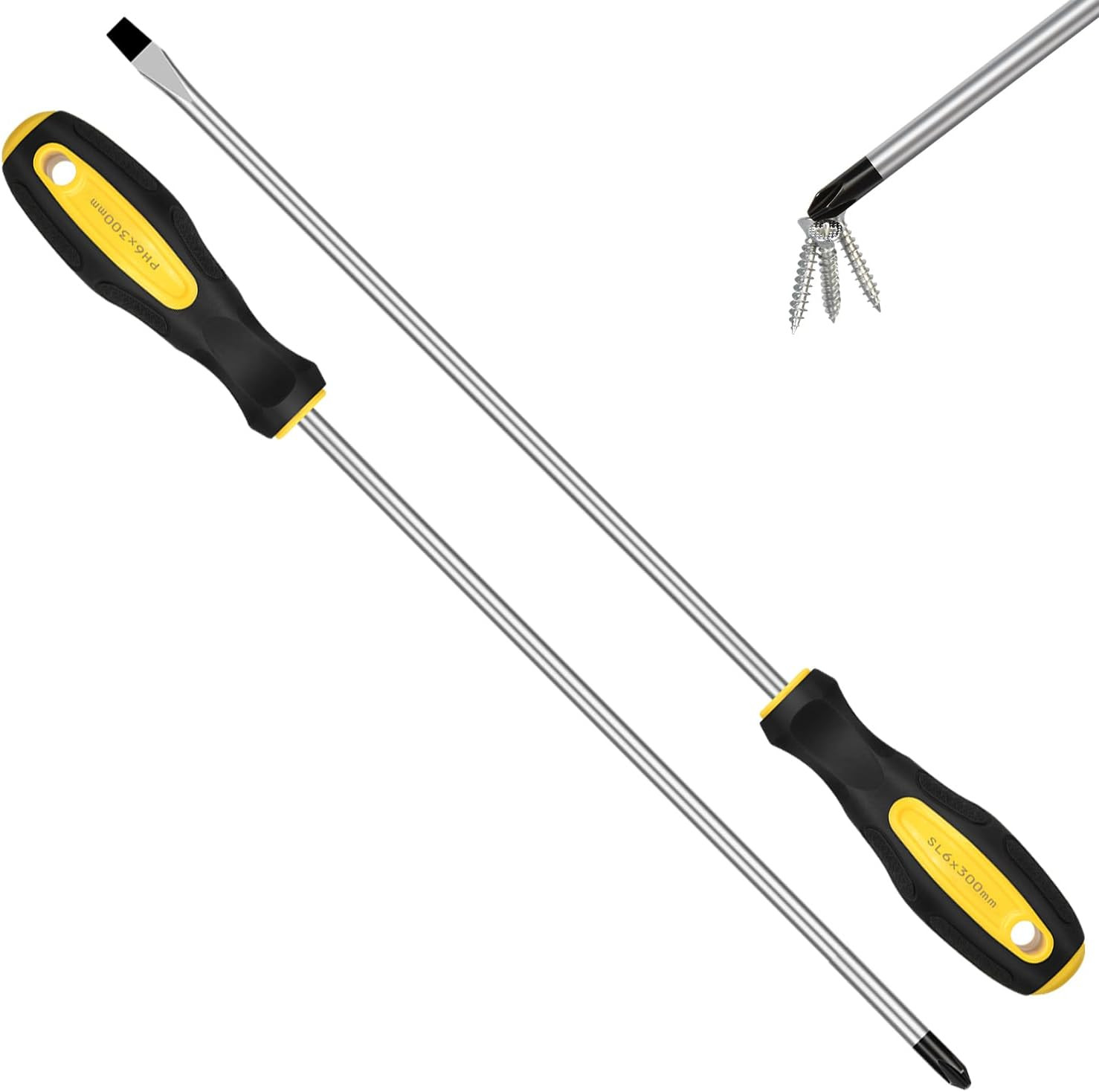 2pcs Long Magnetic Screwdriver Set, 12in Extra Long Phillips and Slotted Screwd