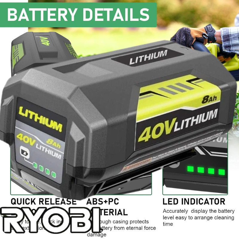 2Pack 8.0Ah Replacement for Ryobi 40V Lithium OP40602 Battery With LED / Charger