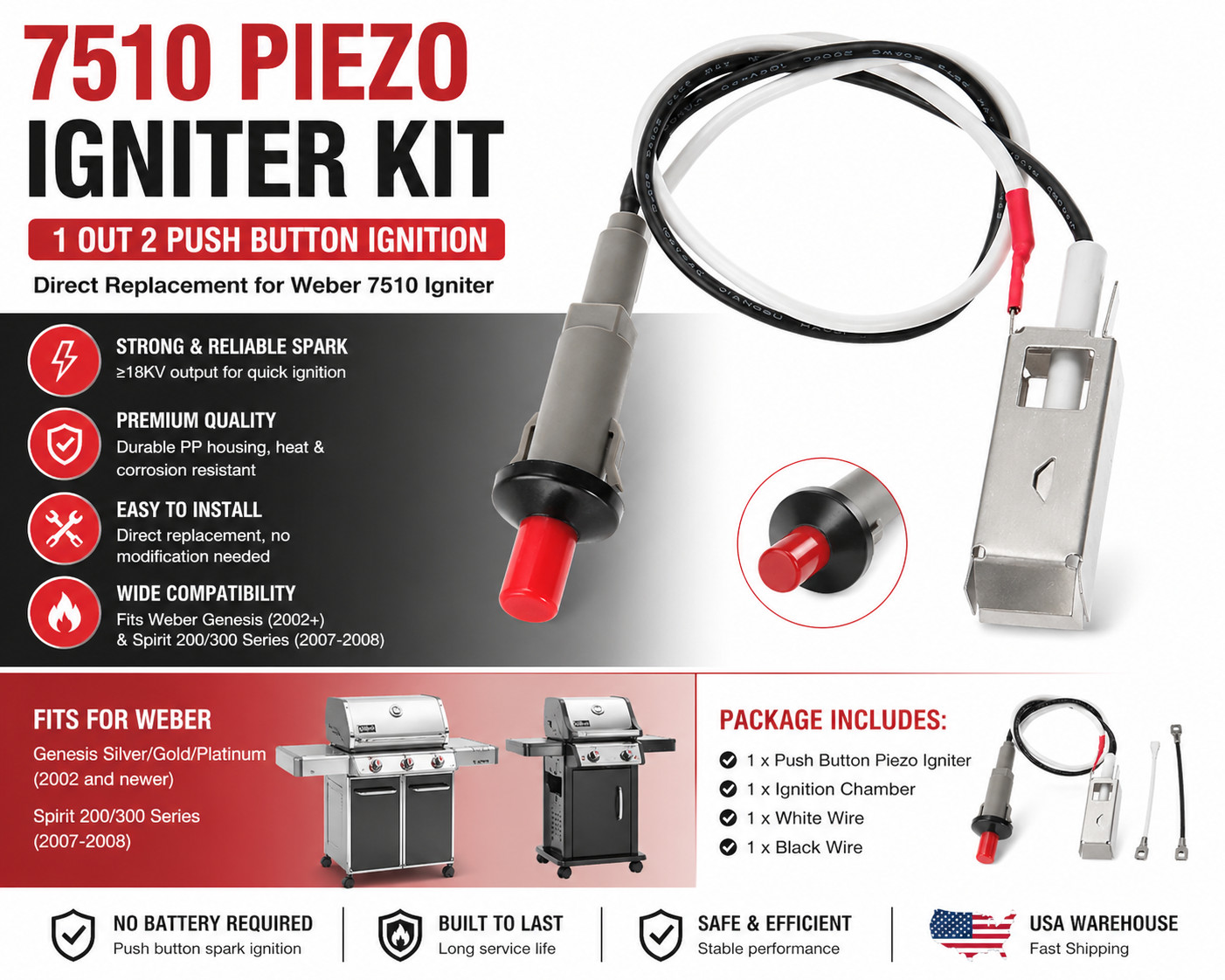 Piezo Igniter Kit for Weber 7510 Push Button Grill Ignition 1 Out 2 Spark BBQ