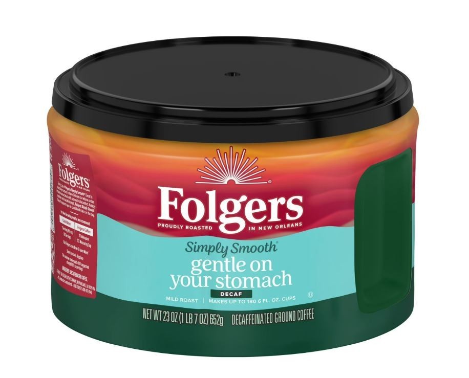 Folgers Simply Smooth Decaf Ground Coffee, 23 oz Canister.