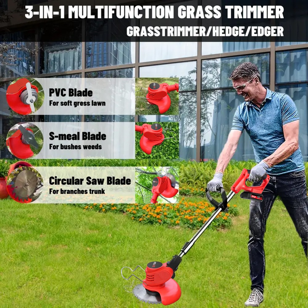 21V Electric Cordless Grass Trimmer Strimmer Garden Edger Cutter w/ 2 Battery