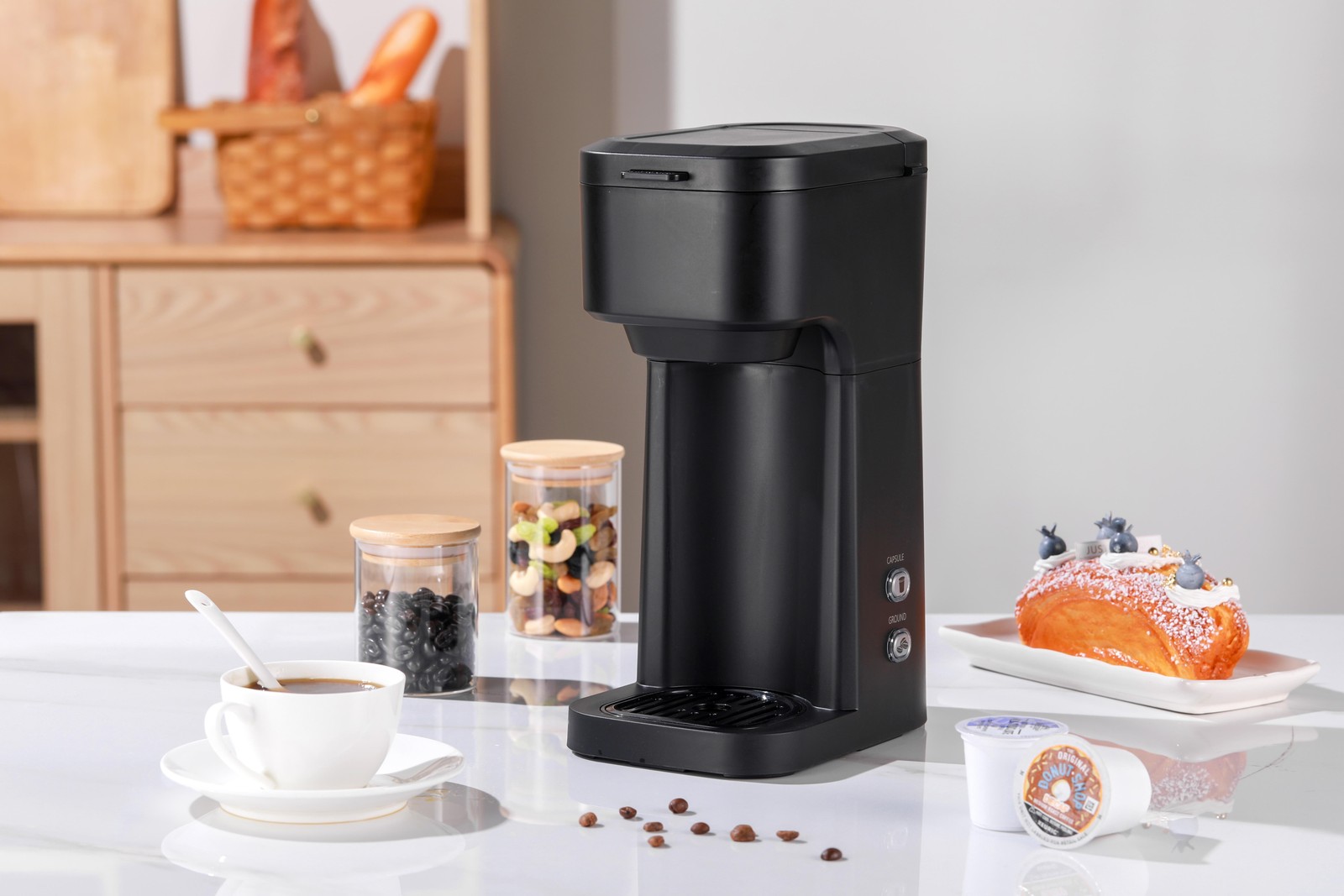 Black Matte Dual Brew Coffee Maker, Single Serve, Auto Shutoff, 14 Oz Reservoir