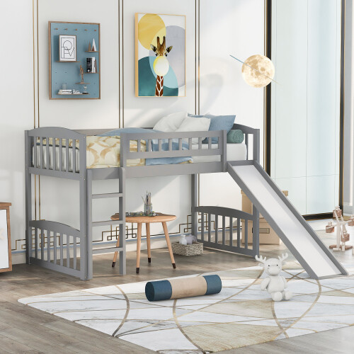 Wood Loft Bed with Slide Loft Bunk Bed Platform Bed Frames For Kids Teens Adults