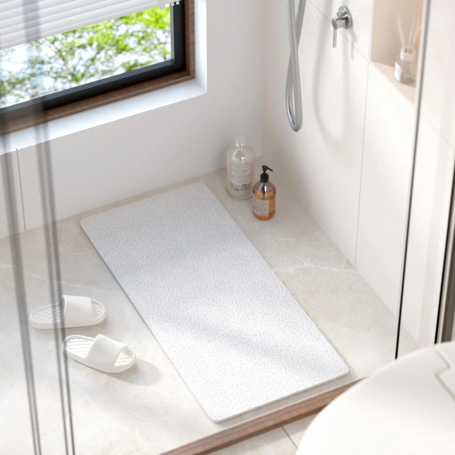 Non-Slip Shower Mat Without Suction Cups, 15.7×36″ PVC Loofah Bathroom Mat,
