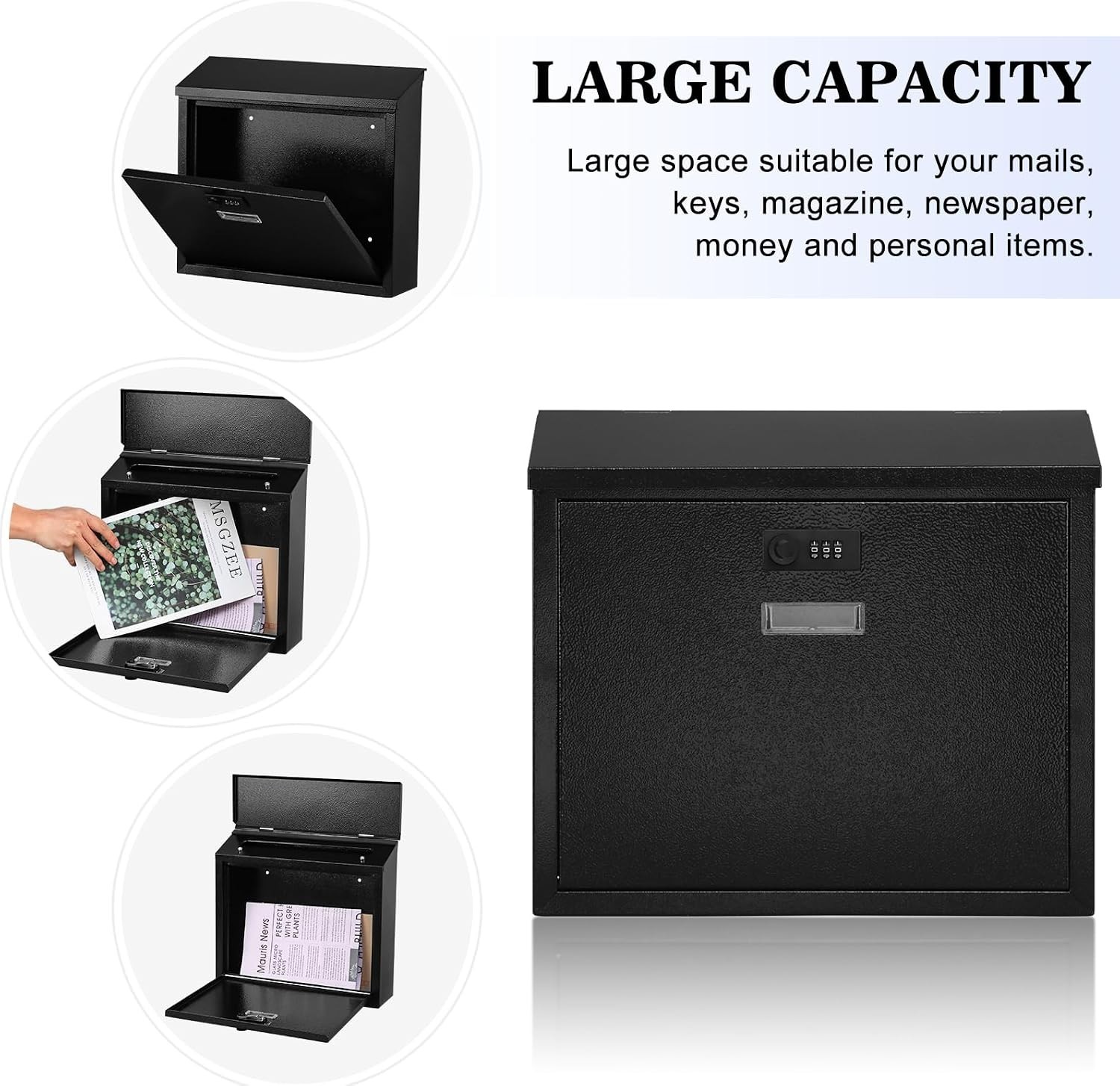 Modern Large Capacity Locking Mailbox with Combination Lock – Black Finish