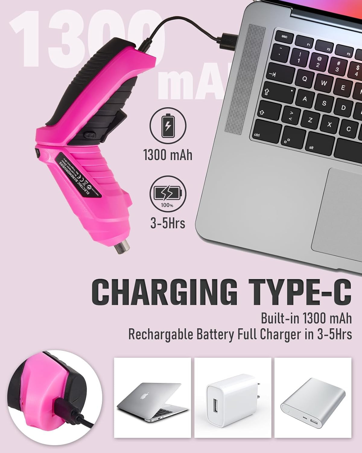 Pink Cordless Electric Screwdriver Set, 3.7V Rechargeable Small Electric Drill w