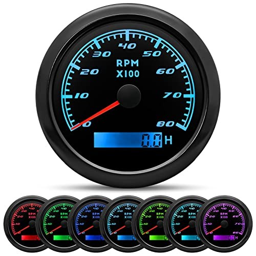 Tachometer Gauge 7 Color 0-8000 RPM Tacho Meter 85mm 3 3/8″ for 8000RPM Black