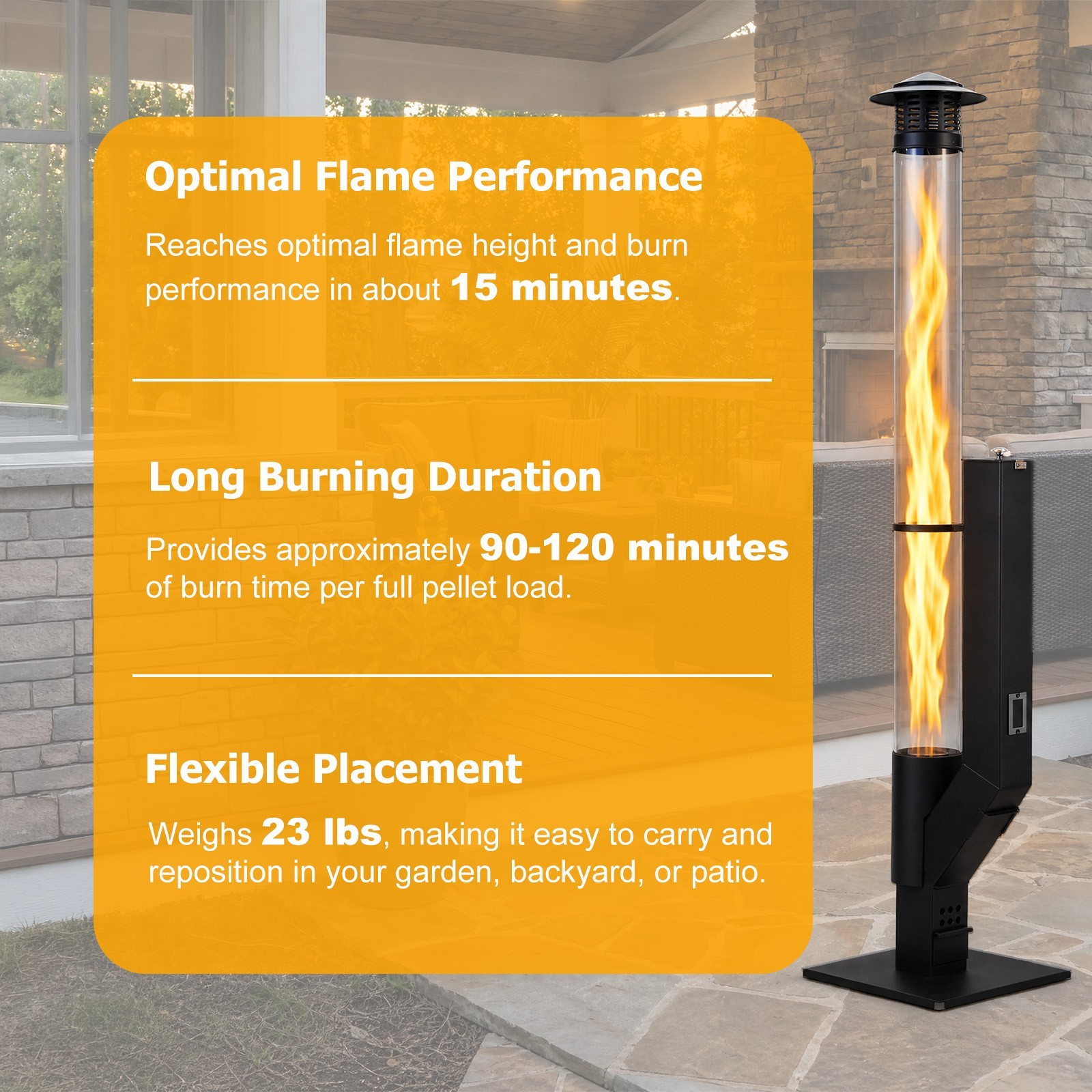 56 Inch Patio Pellet Heater Outdoor Smokeless Portable Wood Pellet Burning Flame
