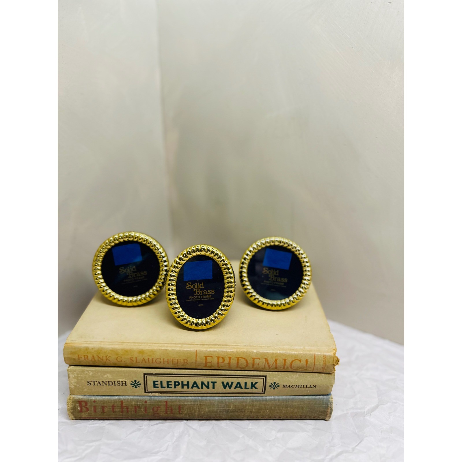 Solid Brass Mini Photo Frame Set 3 Piece Vintage Gold Round Oval Rope Border