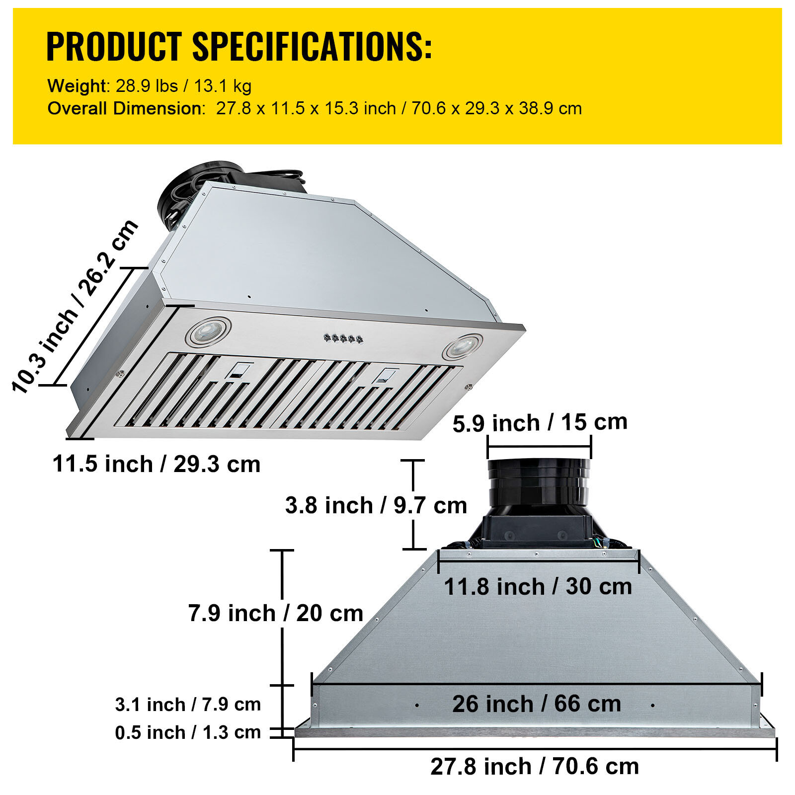 VEVOR 30″ Built-In/Insert Range Hood 800CFM 3-Speed Exhaust Fan Kitchen Stove