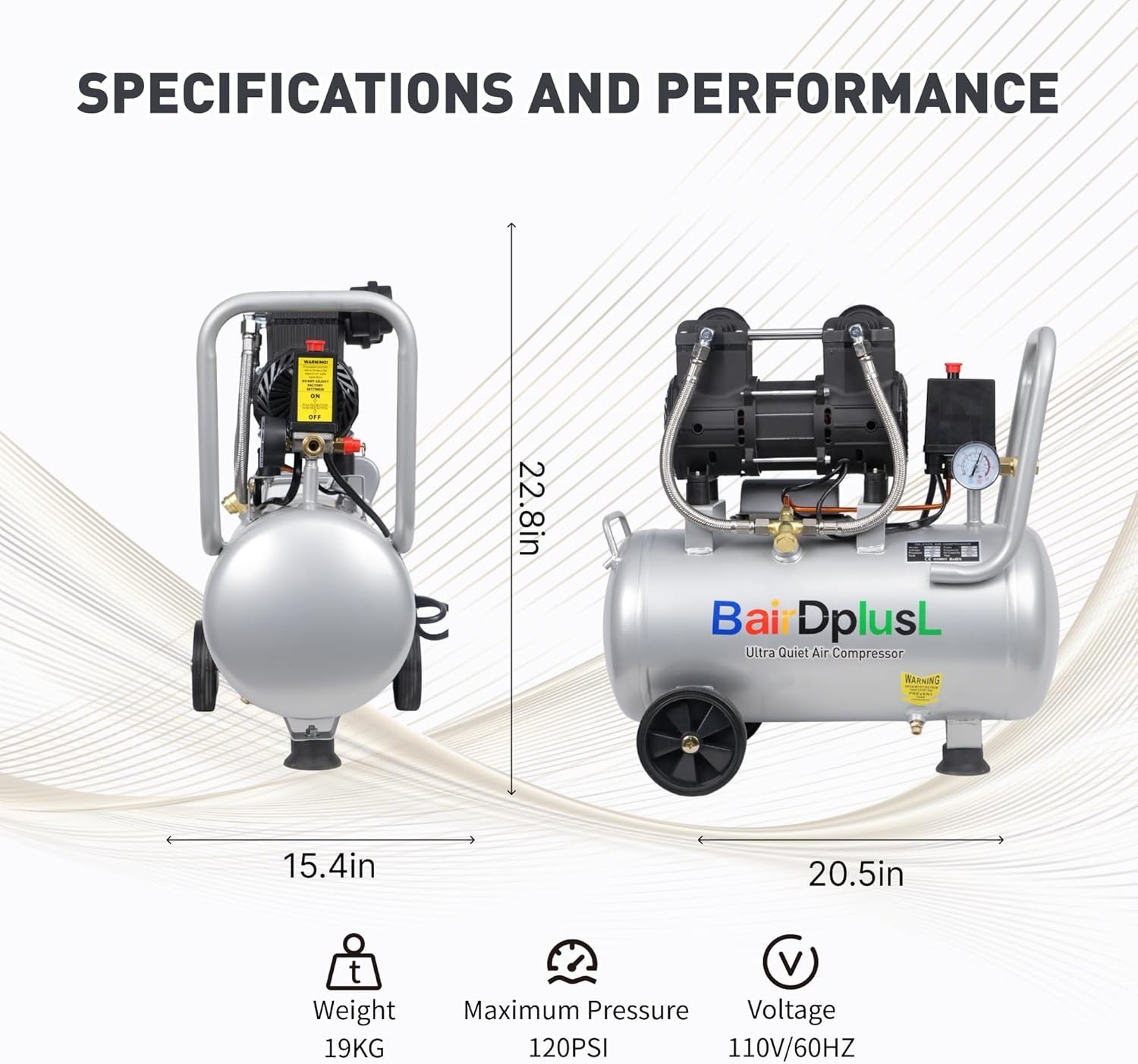 8 Gallon Ultra Quiet Air Compressor 110V/60Hz 1.5HP 8.8CFM , Oil-Free 70dB