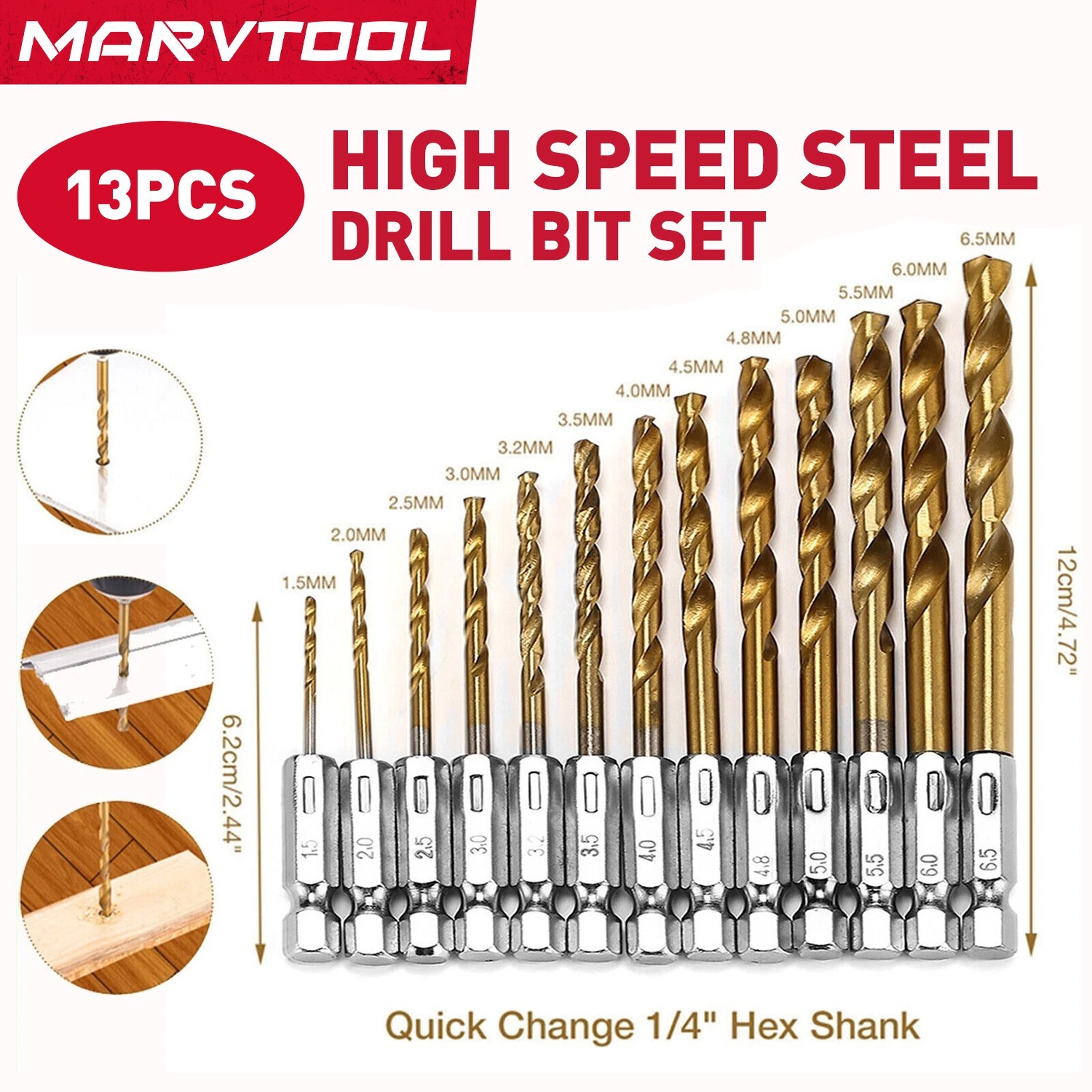 Marvtool Drill Bit 13Pcs HSS Titanium Coated Twist Drill Set Hex Shank 1/4″