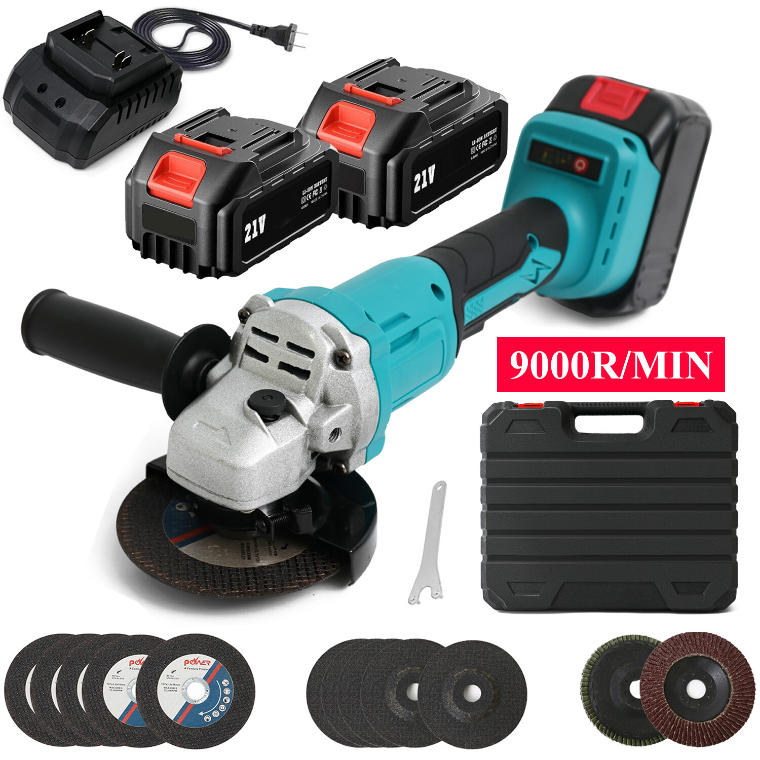 4″ Brushless Cordless Angle Grinder Kit With 2x 21V-1300mAh Batteries, Charger,