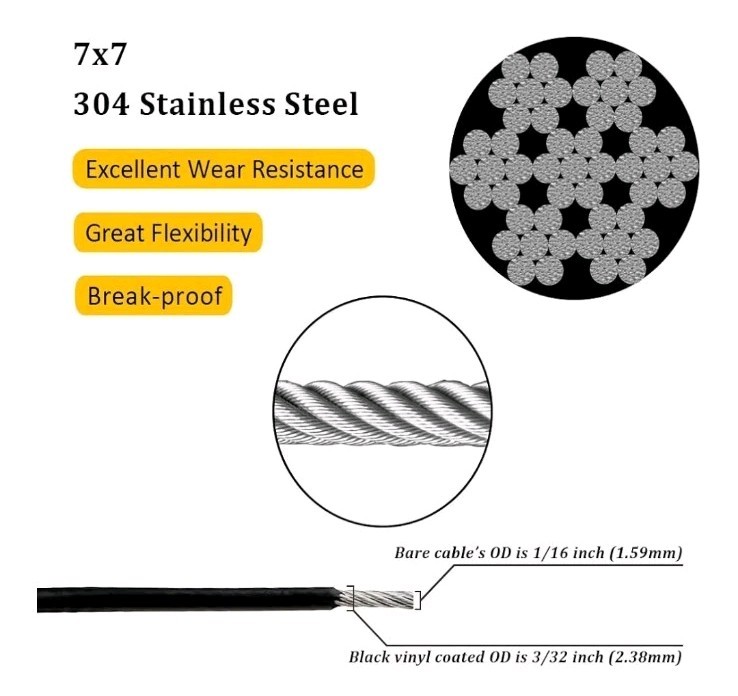 Vinyl Coated Wire Rope 304 Stainless Steel Coated Wire Cable-Black, 1/16″ OD to