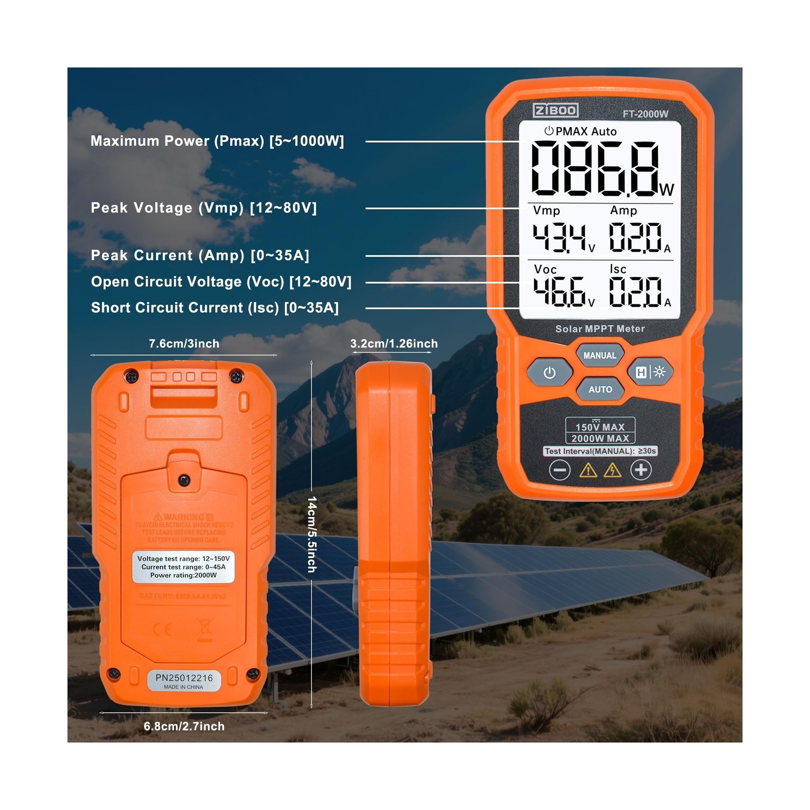 ZIBOO FT-2000W Solar Panel Tester MPPT Meter – 2000W Max Power, 150V/35A PV M…