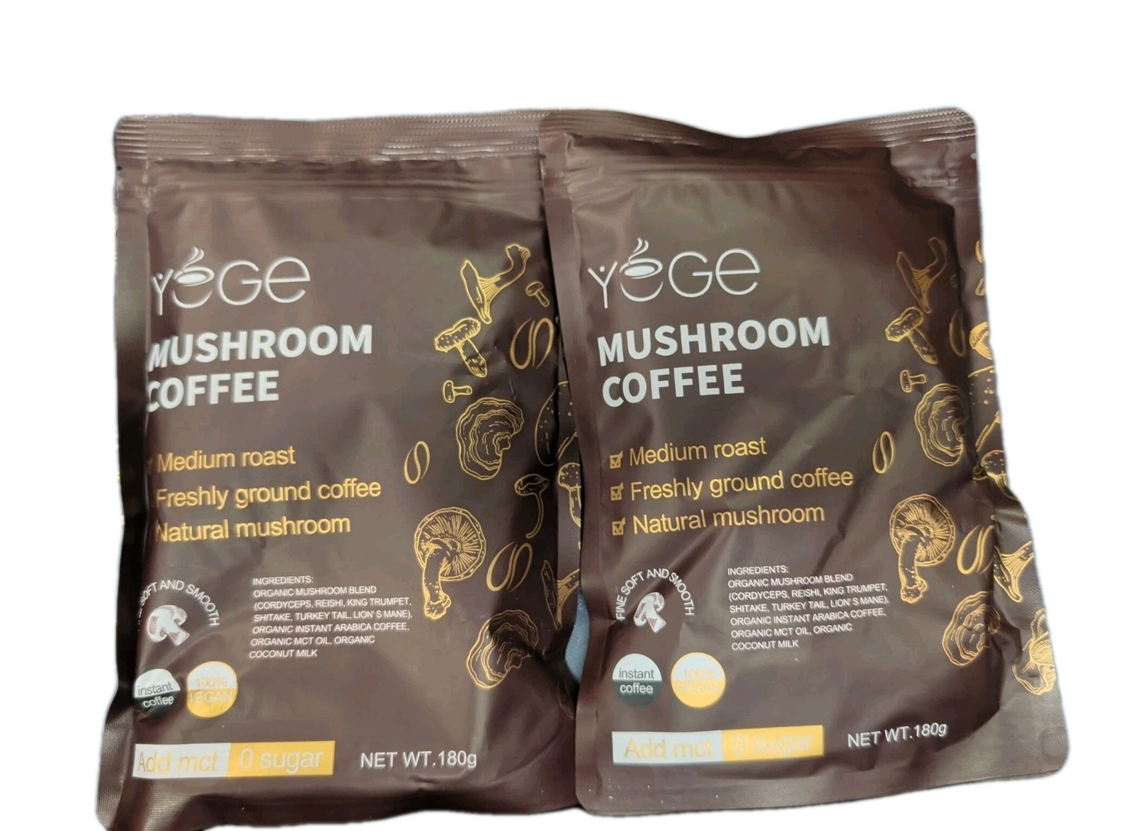 (2) YEGE Mushroom Coffee Med Roast Fresh Ground Natural 0 Sugar 180g Exp 11-2026
