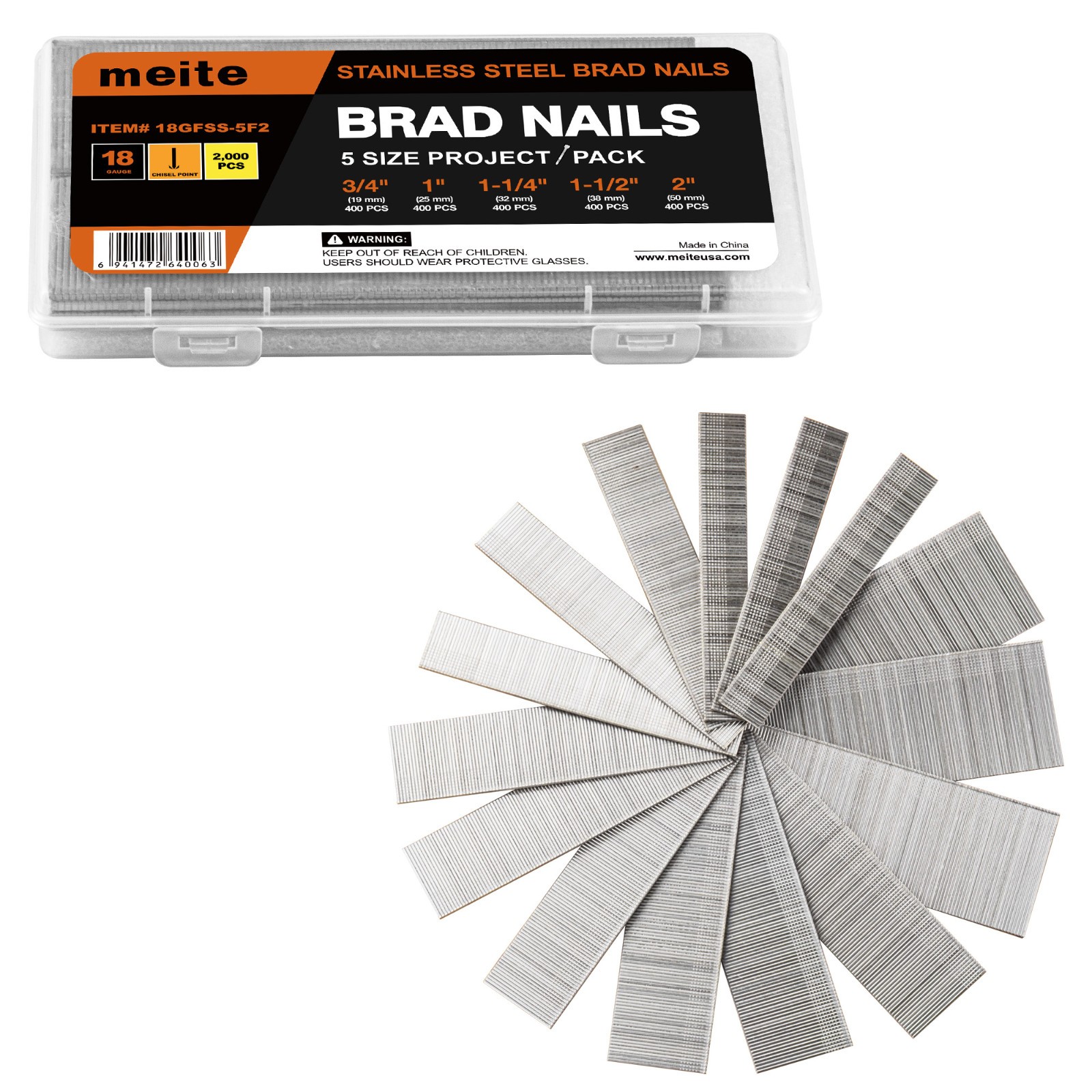 meite 18 Gauge Stainless Steel Brad Nails 5 Sizes (3/4″,1″, 1-1/4″, 1-1/2″, 2″)