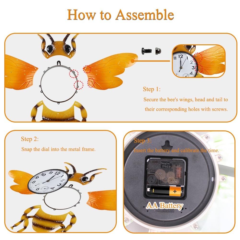HOBYLUBY Unique Outdoor Clock Silent None-Ticking, Wall Yellow Bee