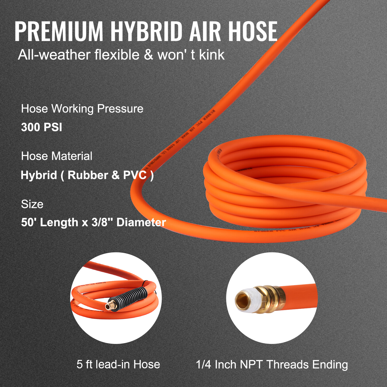 VEVOR Retractable Air Hose Reel 3/8 IN x 50 FT Hybrid Enclosed Air Hose 300 PSI