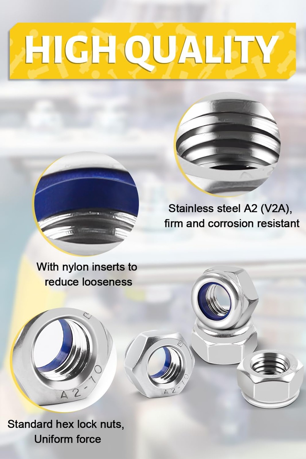50Pcs M6-1mm Nylon Insert Hex Lock Nuts DIN985 Stainless Steel A2 Self Lockin…