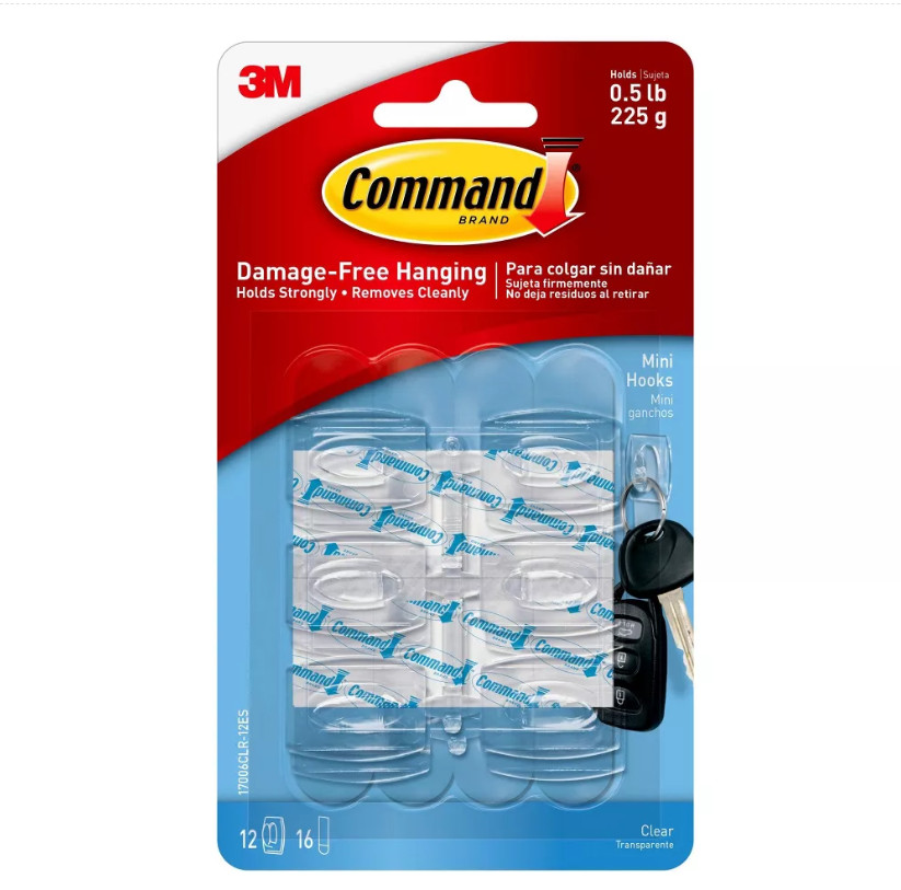 6 Packs 3M Command 12 Mini Clear Hooks & 16 Adhesive Strips Per Pack Max 0.5 lb
