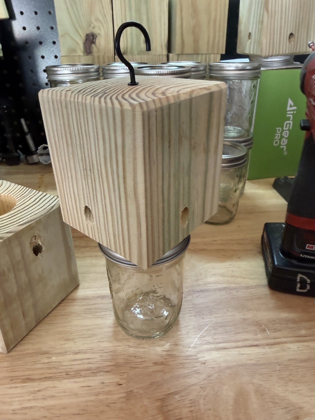 Set Of 2 Handmade Soft Pine Carpenter Bee Traps W/ Jars & Hooks- Free Shipping!