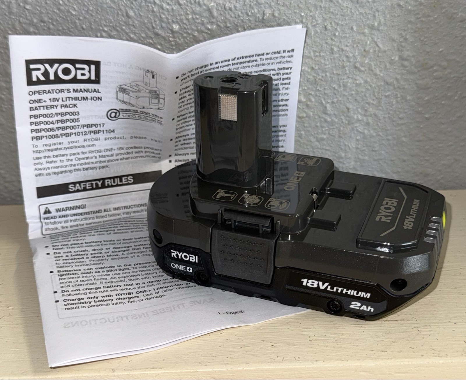Ryobi One+ 2Ah 18V Lithium-ion Battery PBP006 With Manual