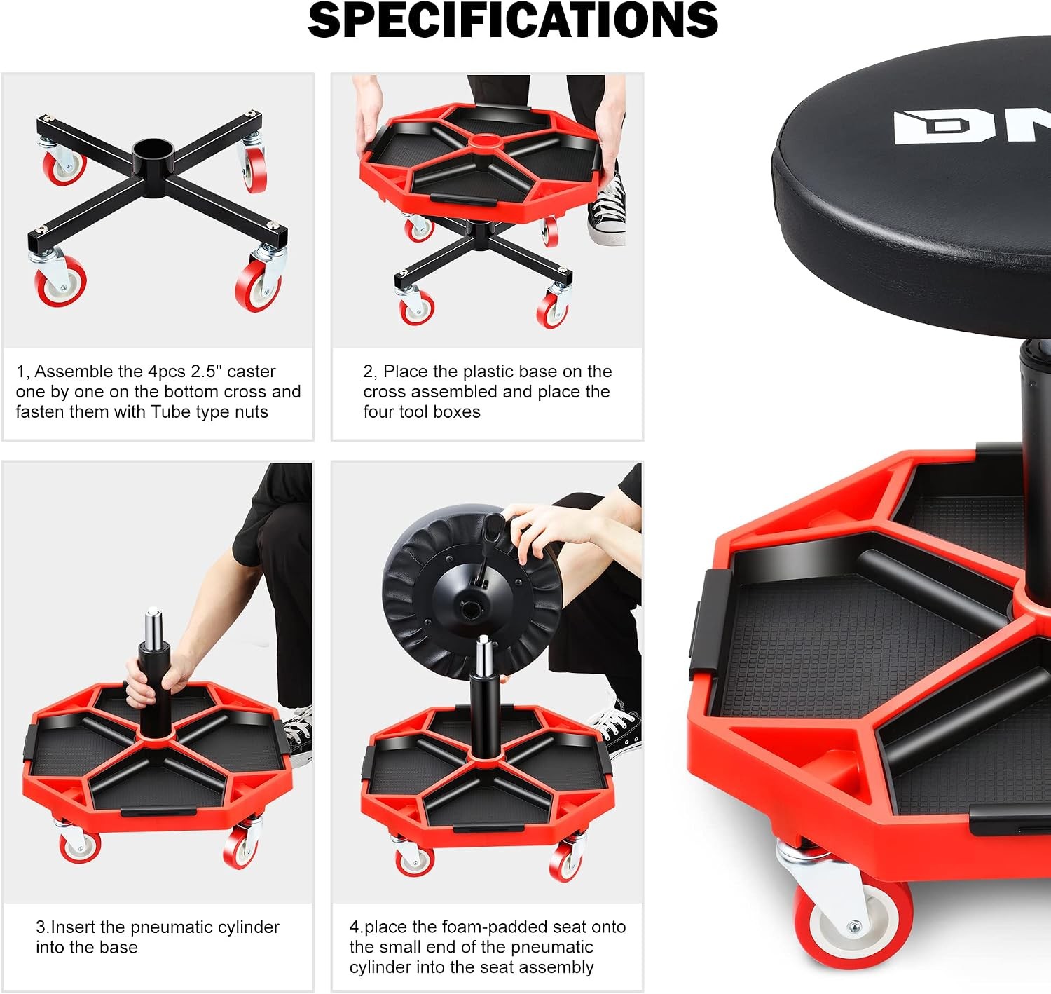 DNA Motoring Pneumatic Garage Stool 300lbs with Tray