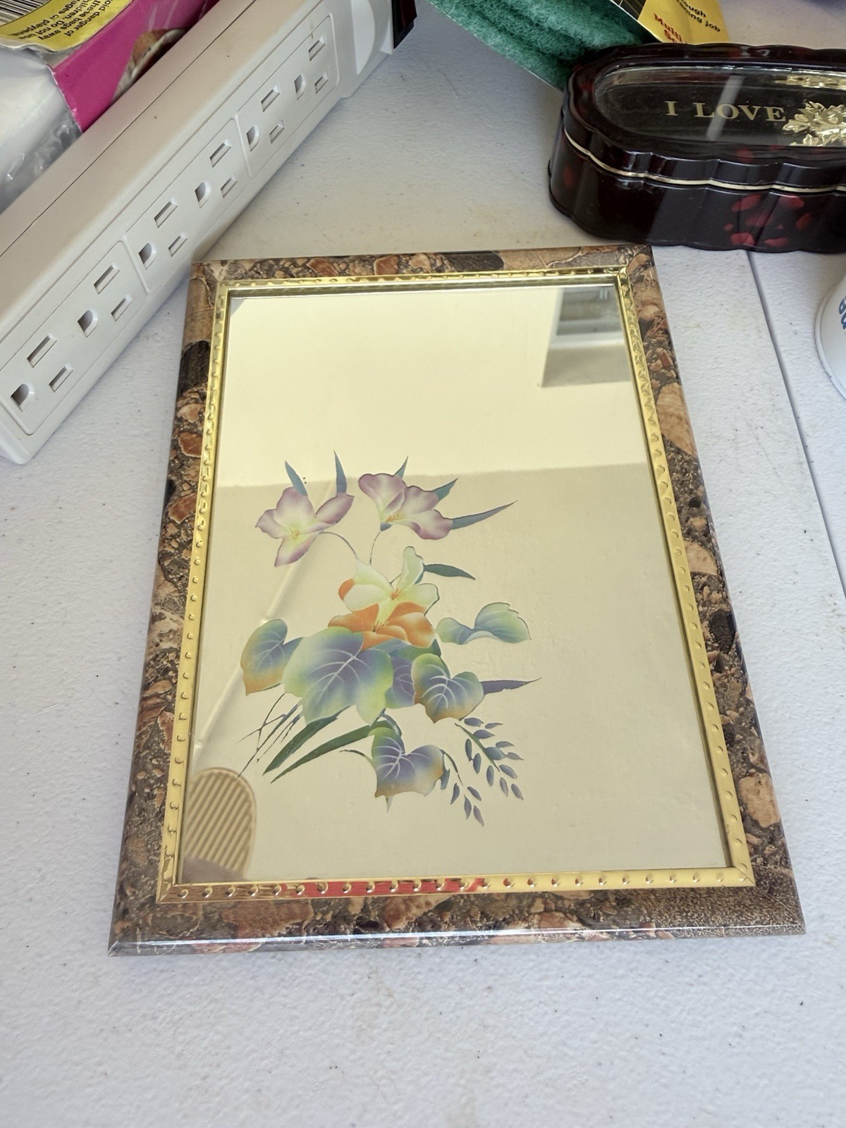 Rectangular Floral Accent Mirror Brown Frame Multicolor Less Than 10 in