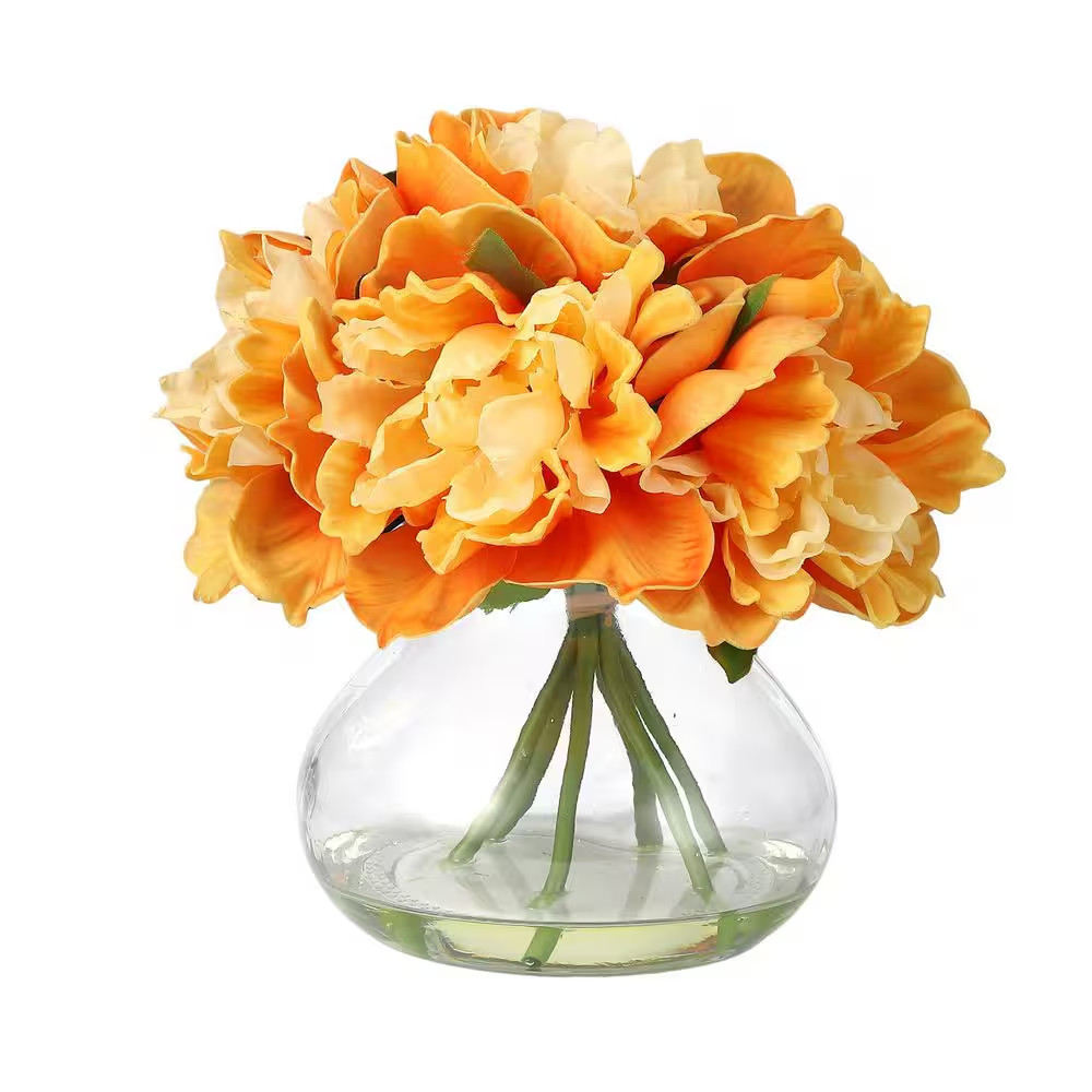 9.8 In. Orange Artificial Peonies Floral Arrangement in Glass Vase