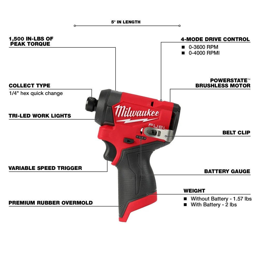 Milwaukee 3453-80 M12 FUEL 12V 1/4″ Hex Impact Driver – Bare Tool – Recon
