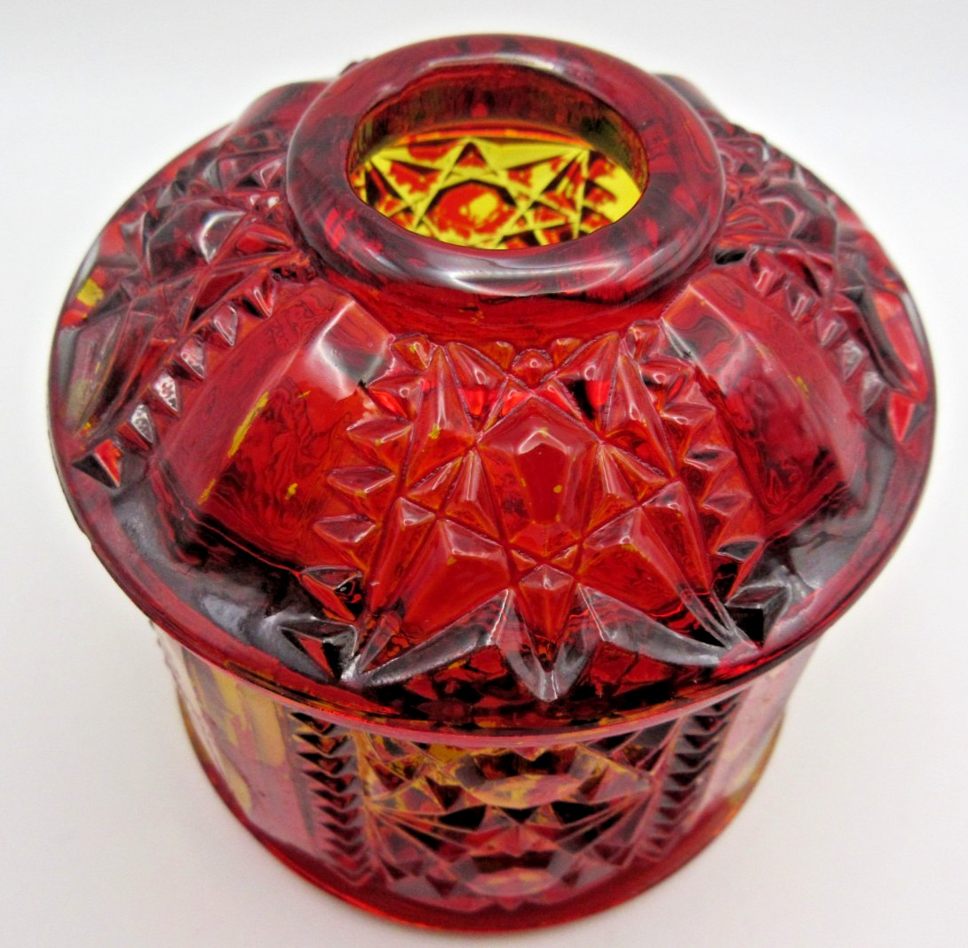 Amber With Ruby Red Flash Stars & Bars Fairy Lamp Glass 6.5″ See Description