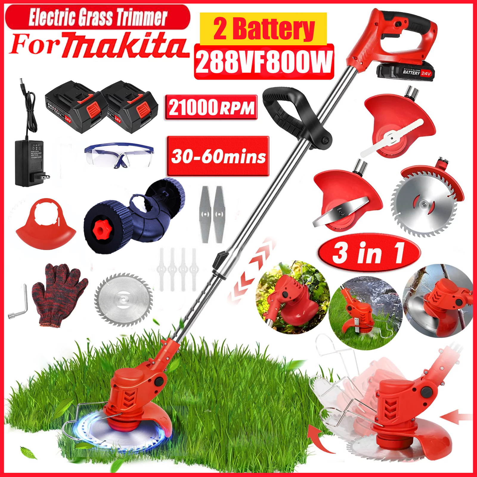 24V Electric Weed Wacker Cutter Grass String Trimmer Cordless 2 Battery Powered