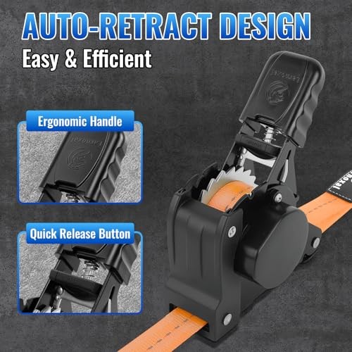 Retractable Ratchet Straps 4 Pack – 1,500 Lbs Break Strength 1 in x 10 Orange
