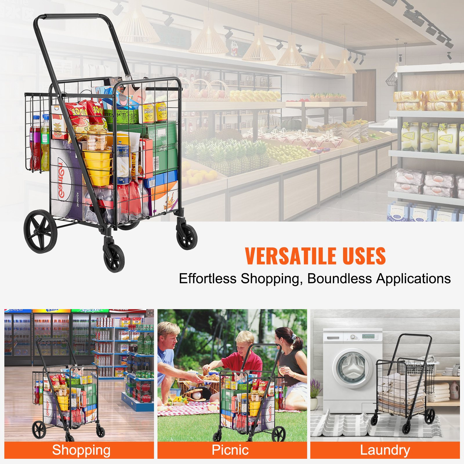 VEVOR Folding Shopping Cart, Jumbo Grocery Cart with Double Baskets, 360° Swivel