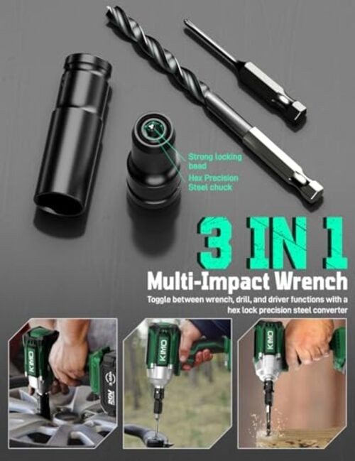 KIMO Impact Wrench 1/2 Cordless, 1200N.m (900ft-lbs), 4000RPM, 9 Dark Green