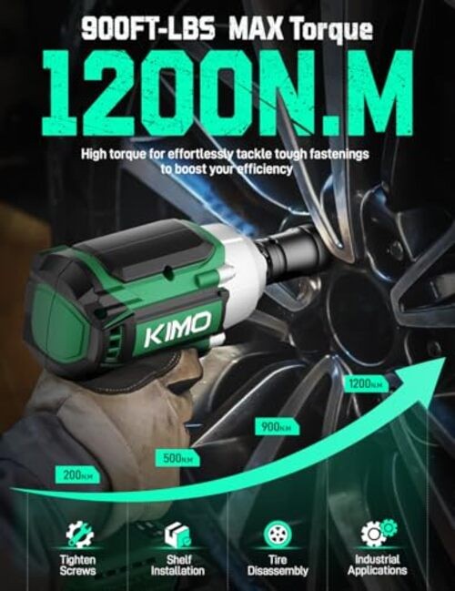 KIMO Impact Wrench 1/2 Cordless, 1200N.m (900ft-lbs), 4000RPM, 9 Dark Green