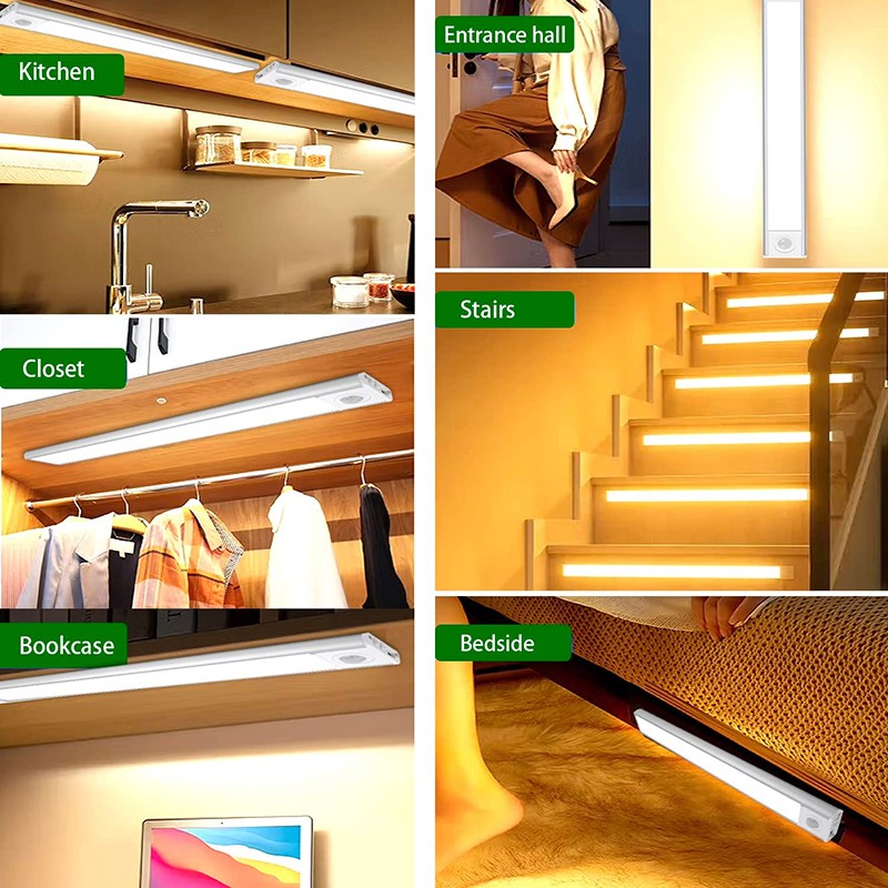 LED Motion Sensor Under Cabinet Closet Light USB Rechargeable Kitchen Strip Lamp