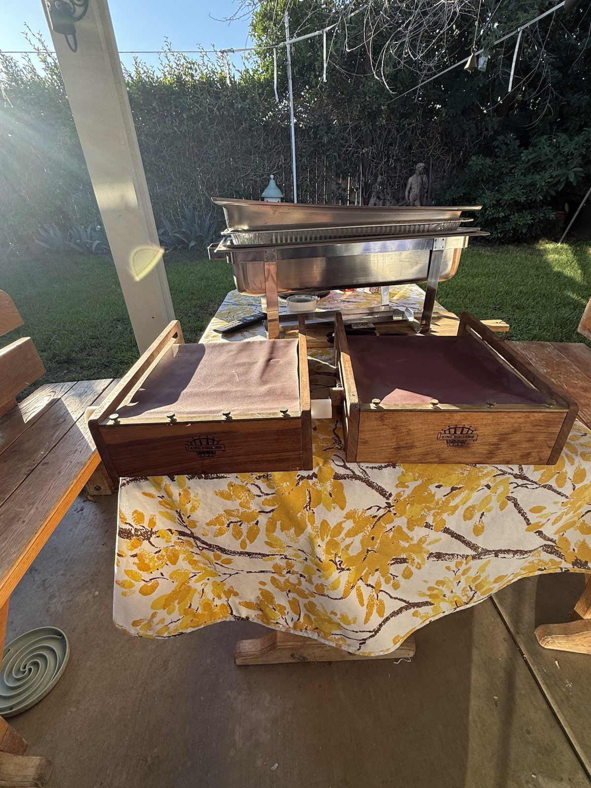 Full Size Rectangular Chafing Dish 6 Qt Wood Base Matte Silver/Brown Handles