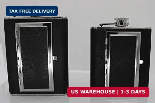 6oz/180ml Black Leather Wrapped Hip Flask with Built-in Cigarette Case & Funnel