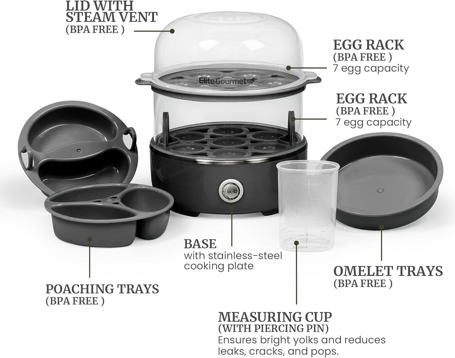 Compact Easy Egg Cooker for 14 Eggs Black with Removable Dishwasher Safe Parts